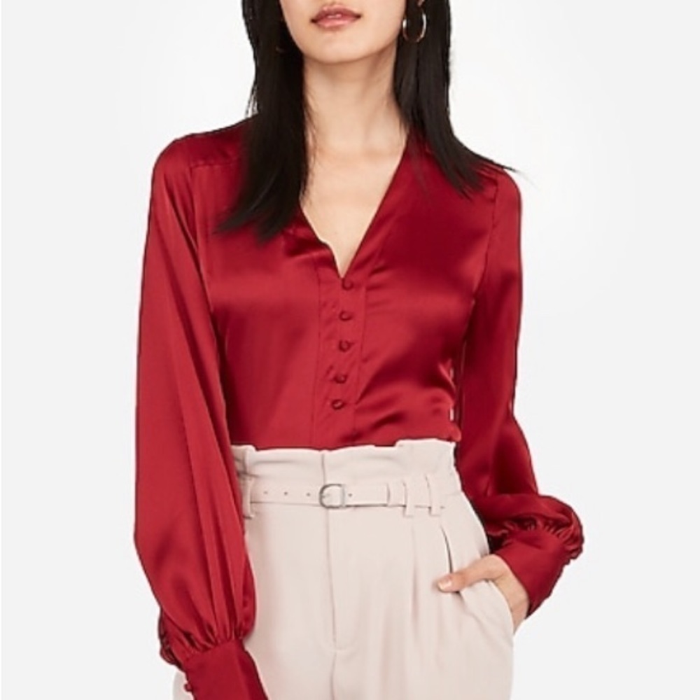 Express Satin Silky V neck Button Detail Balloon Sleeve Blouse Top Crimson Med